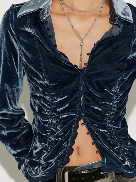 Free People So Julia Velvet Top in Varsity Navy in small reg $148 - Picture 4 of 9